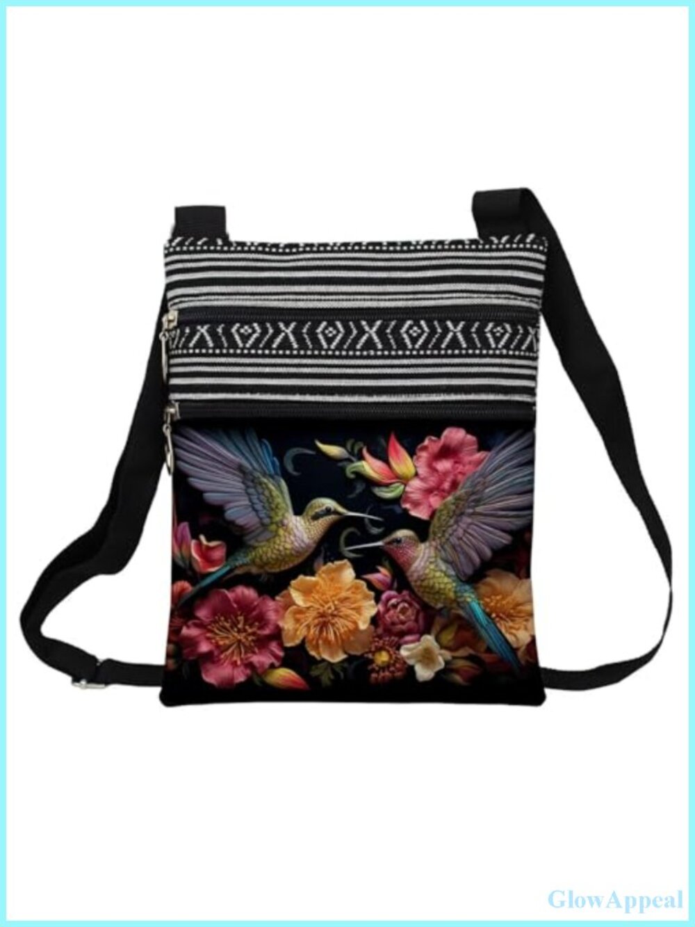 Floral Hummingbird Ethnic Print Crossbody Bag Polyester Adjustable Strap